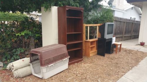 Bookshelf, TV, and side tables staged in a backyard